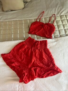 Dark bright orange two-piece crop top & high-waist shorts set